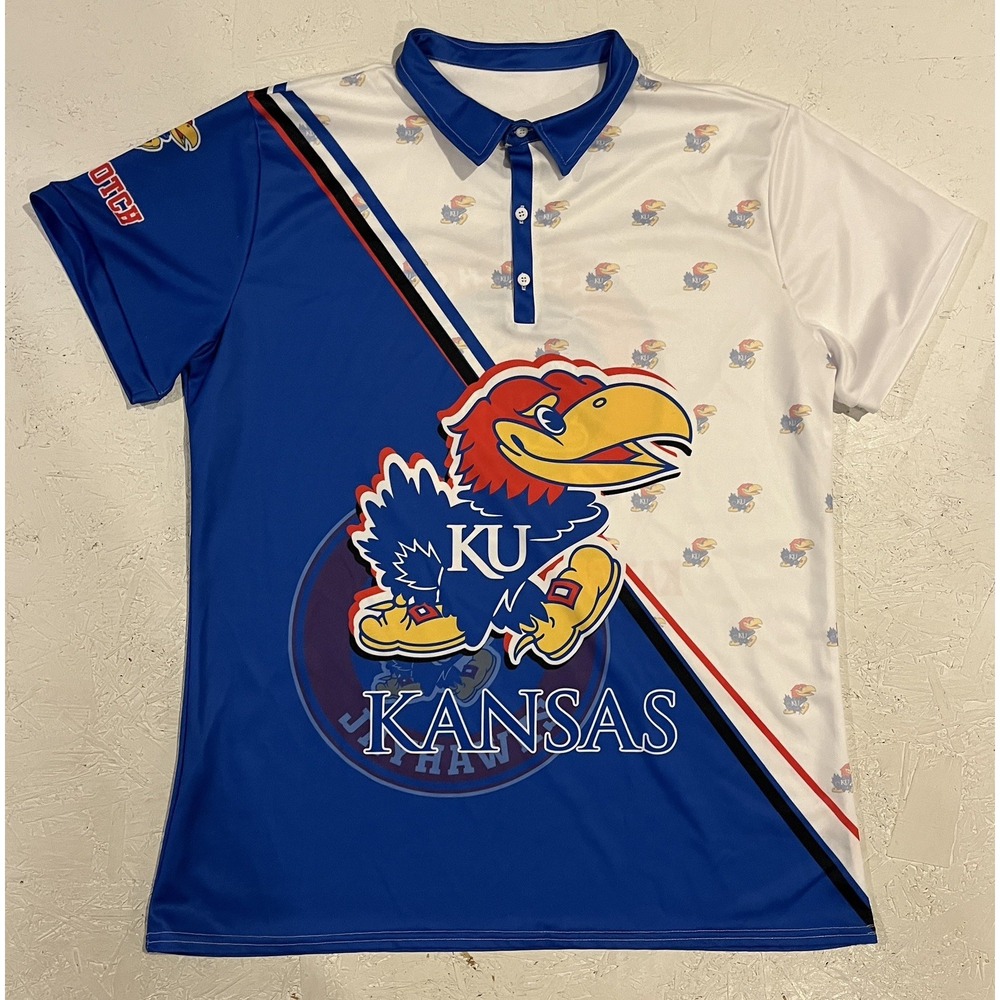 Kansas Jayhawks Polo Shirt AOP Mens XL Blue Red White Football College
